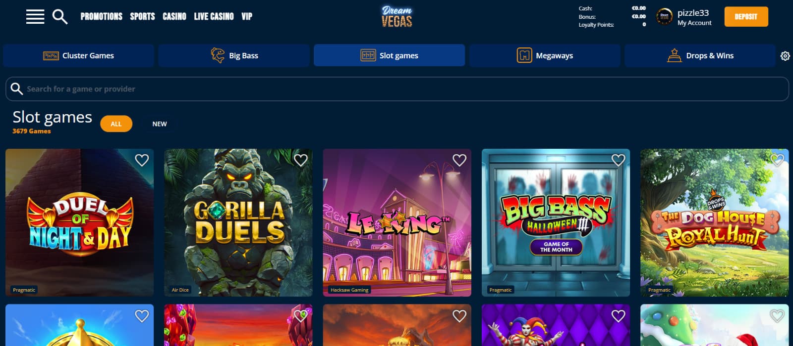 Dreamvegas Casino games page showing a searchable slot library with featured categories like Megaways, Cluster Games, and Drops & Wins titles.