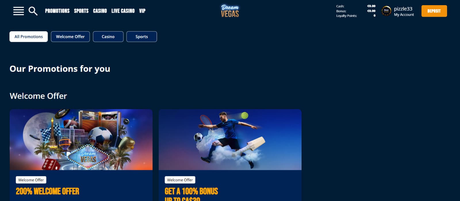 Dreamvegas Casino promotions page displaying the welcome offer and bonus categories with featured promotional tiles.