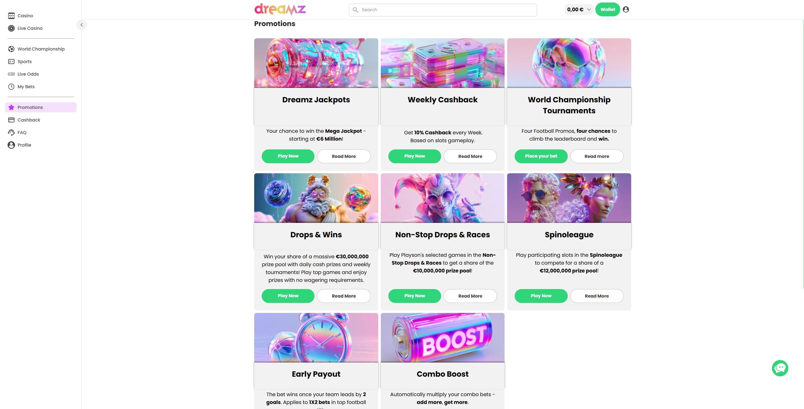 Dreamz Casino Promotions Page showing various promos