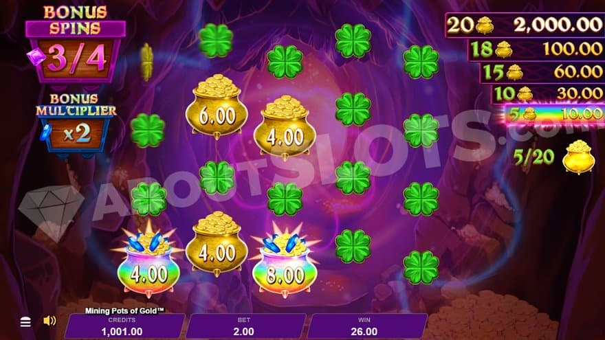 Five pots with cash values and 15 four-leaf clovers.