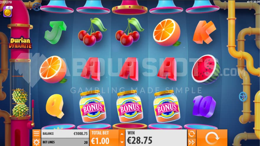 The playing grid set inside a factory with various fruits being transported through tube and pipes