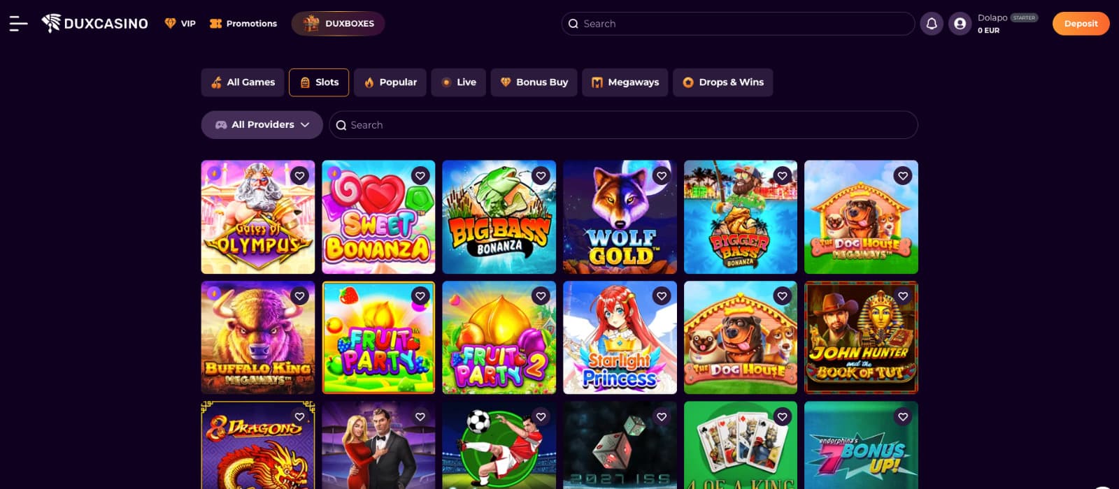 DuxCasino games lobby showing slot categories, provider filters, search bar, and featured slot titles including Sweet Bonanza and Gates of Olympus