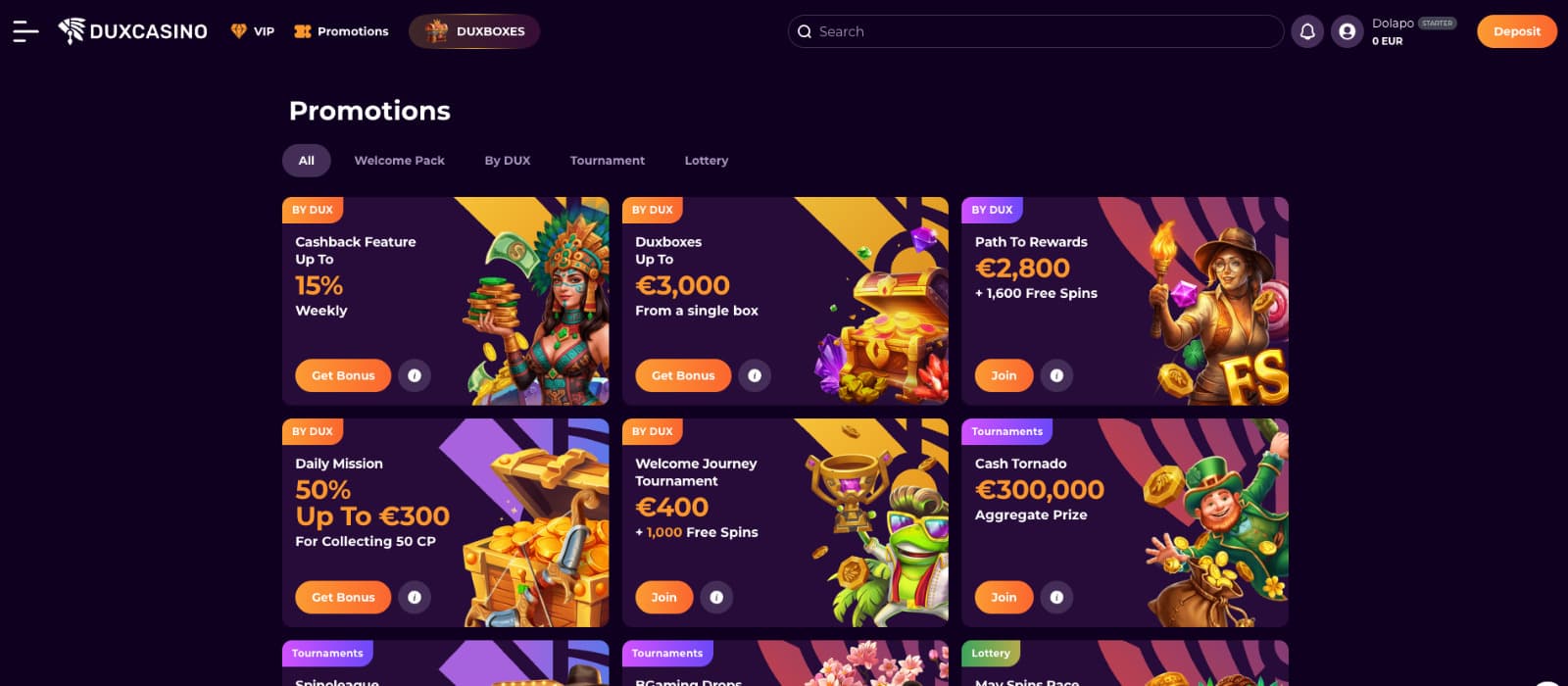 DuxCasino promotions page displaying cashback offers, tournaments, welcome journey rewards, daily missions, and Duxboxes bonuses.