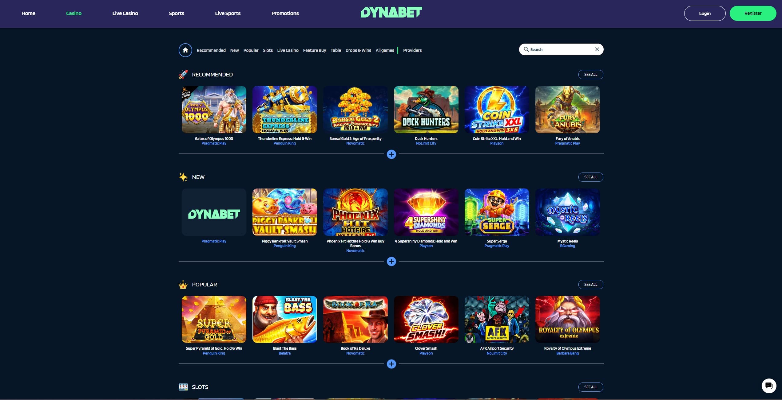 Dynabet Games Page showing a selection of slots and game categories