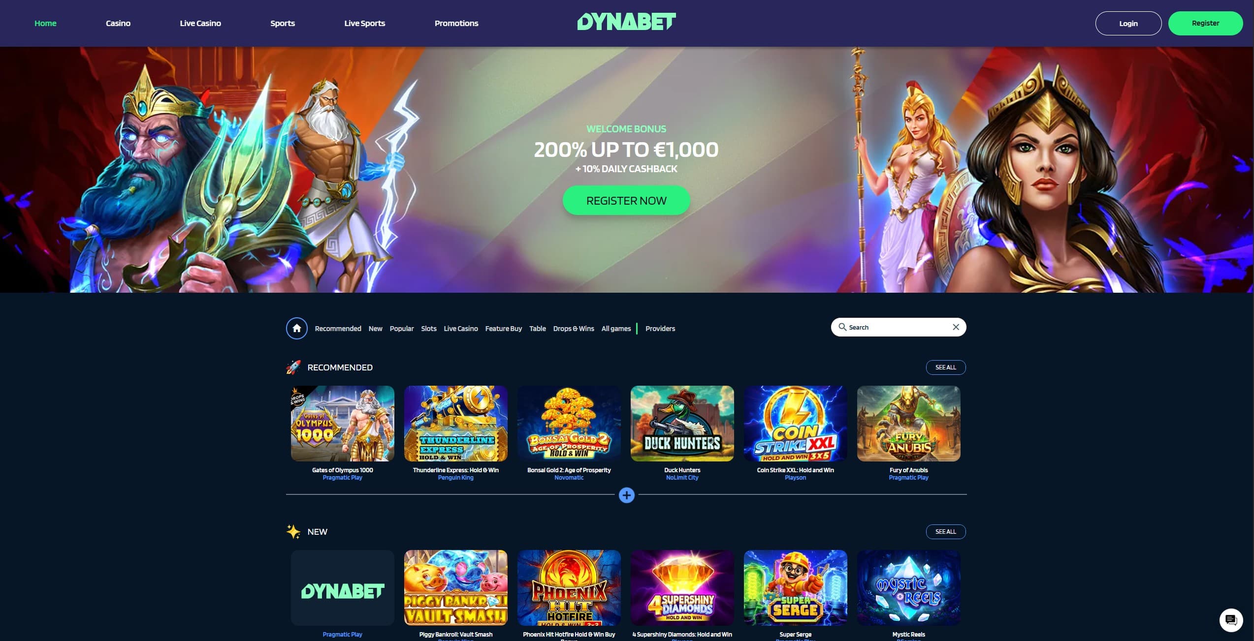 Dynabet Landing Page showing the welcome offer and selected games