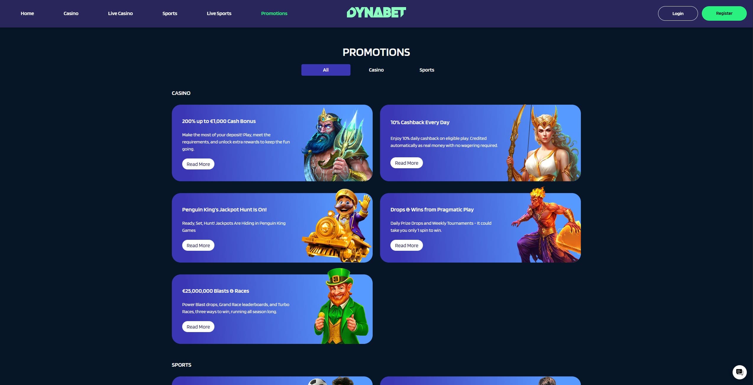 Dynabet Promotions Page showing the available bonuses and promotions