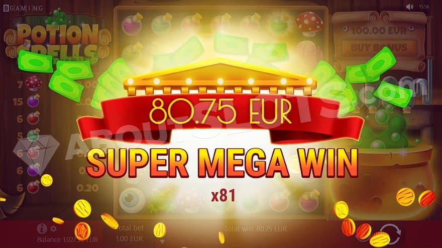Money bills and gold coins flying through the air with a text saying "80.75 EUR, Super Mega Win."