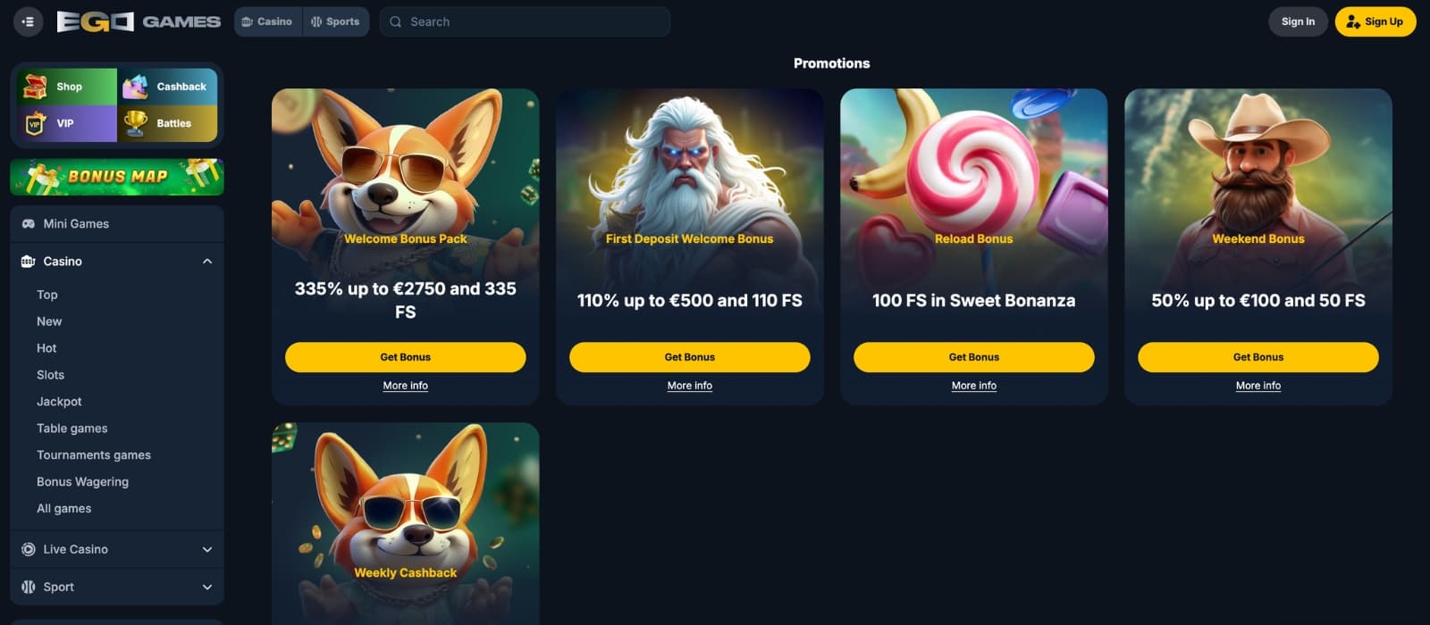 Ego Games Casino bonus page displaying welcome bonuses, cashback offers, free spins promotions, tournaments, and VIP rewards in a sleek casino interface.
