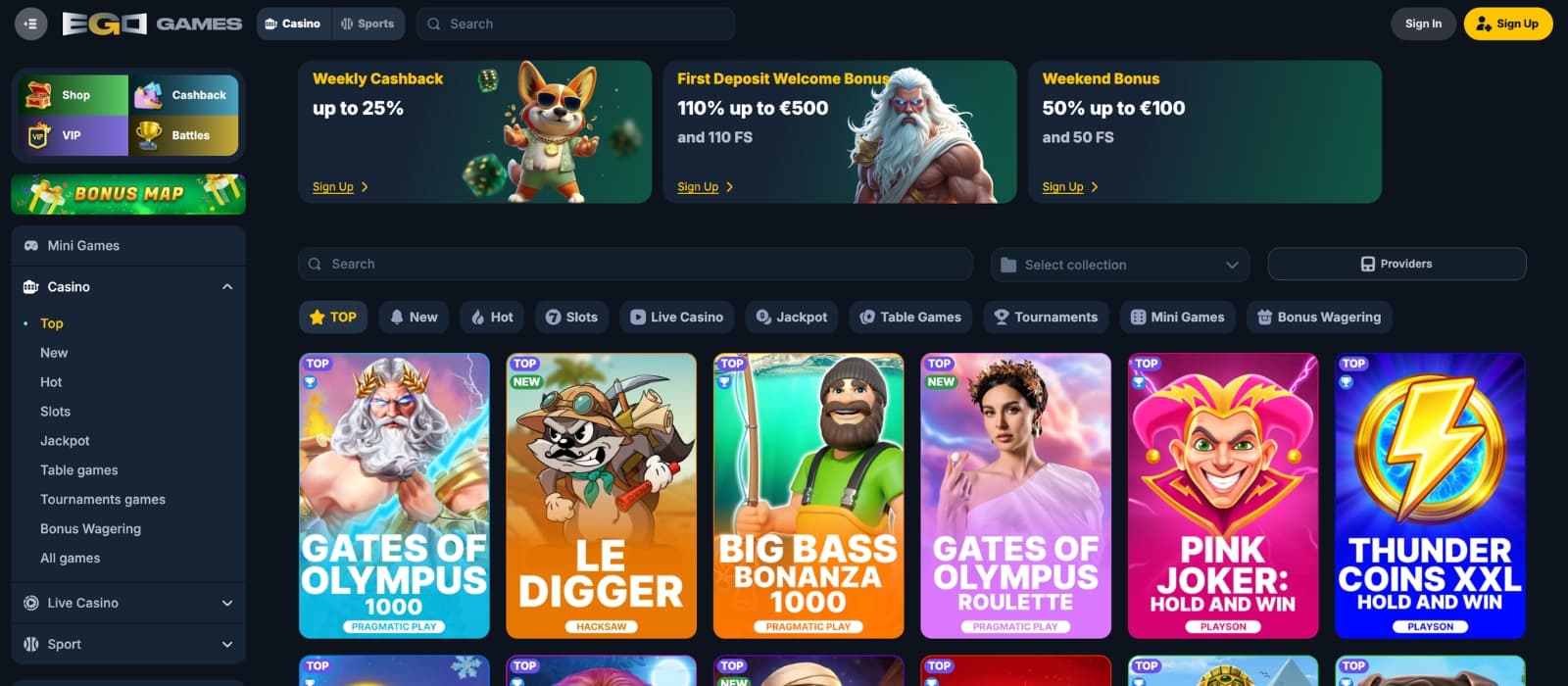 Ego Games Casino game page showcasing online slots, live casino titles, and featured games with colorful thumbnails, provider filters, search functionality, and category navigation.