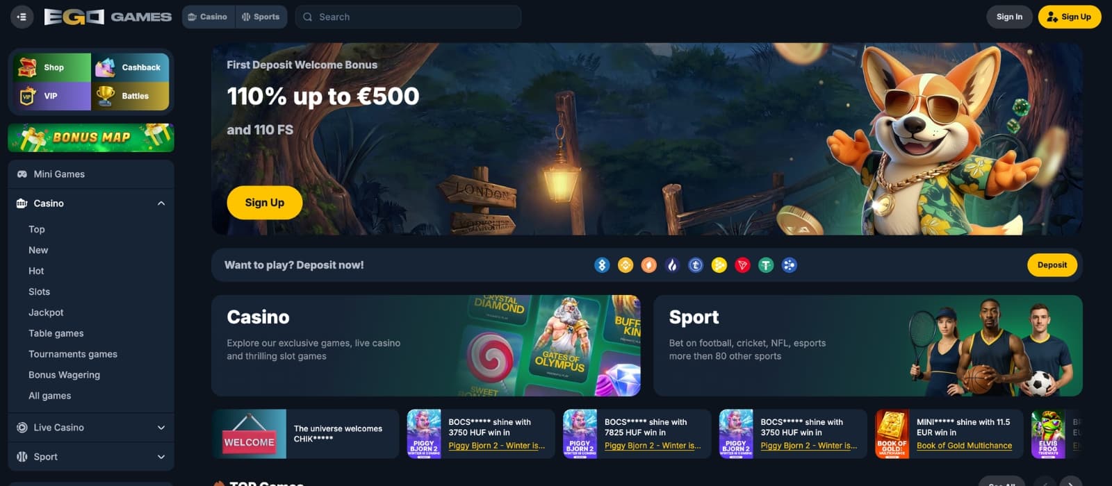 Ego Games Casino homepage featuring a modern dark-themed design with promotional banners, featured slot games, gamification elements, and navigation for casino categories and player rewards.
