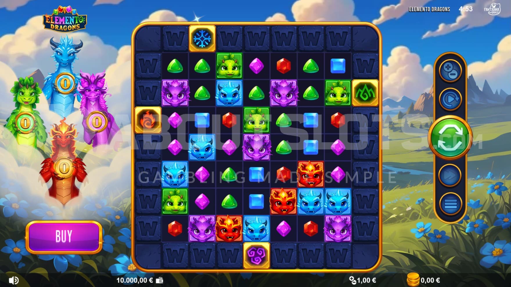 The playing grid is set in a fantasy land filled with dragons, with the dragons sitting to the left of the playing grid