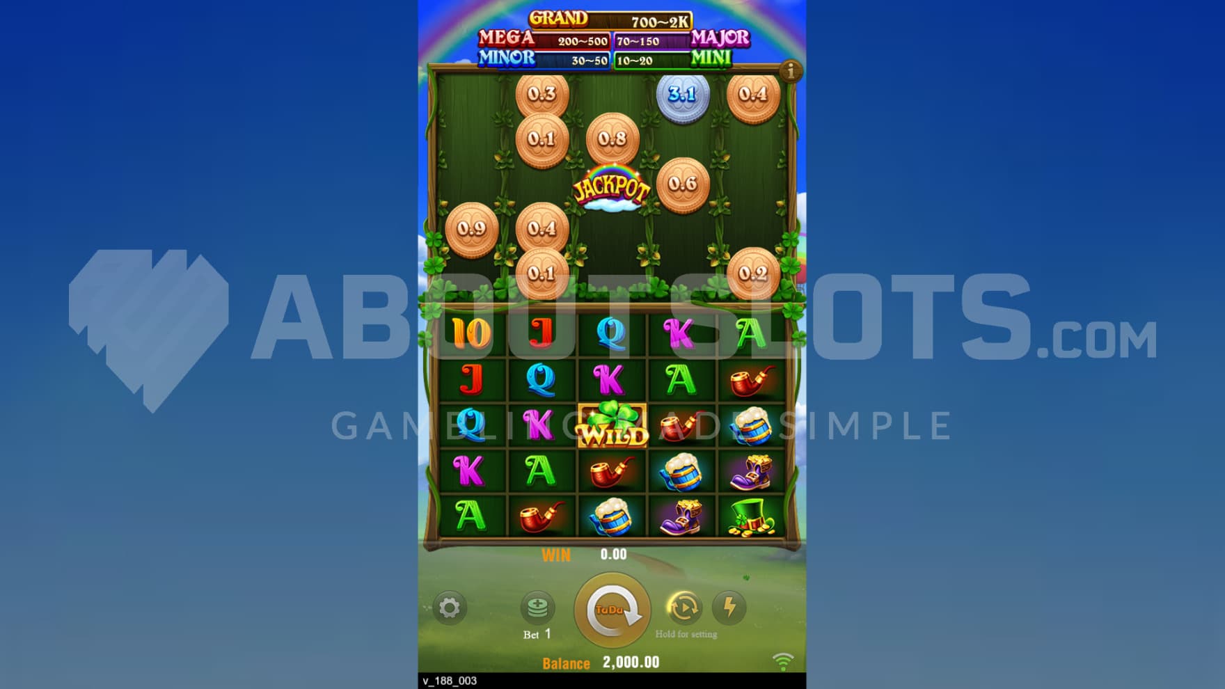 The Bingo Board sits atop the playing grid with a rainbow at the top