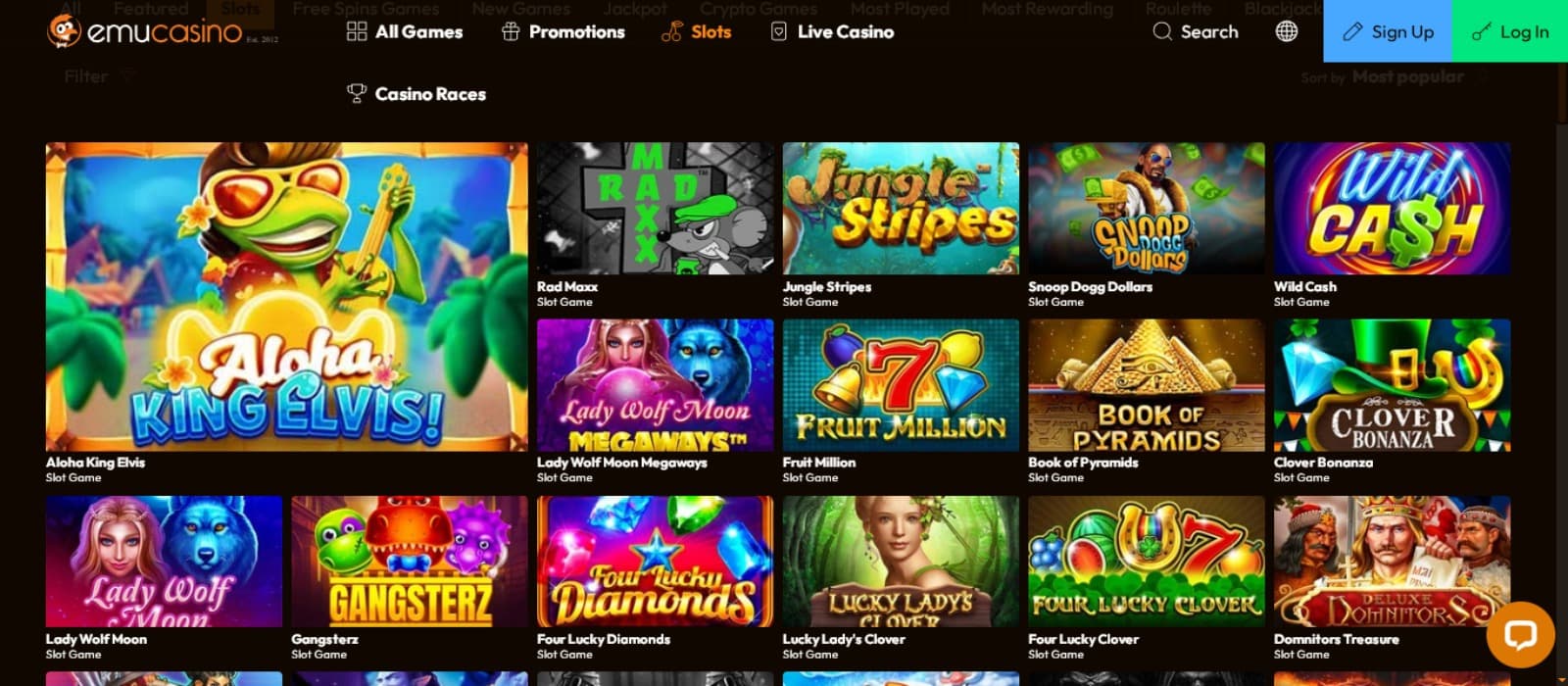 EmuCasino Casino games page with the colorful slot game icons, and top navigation menus