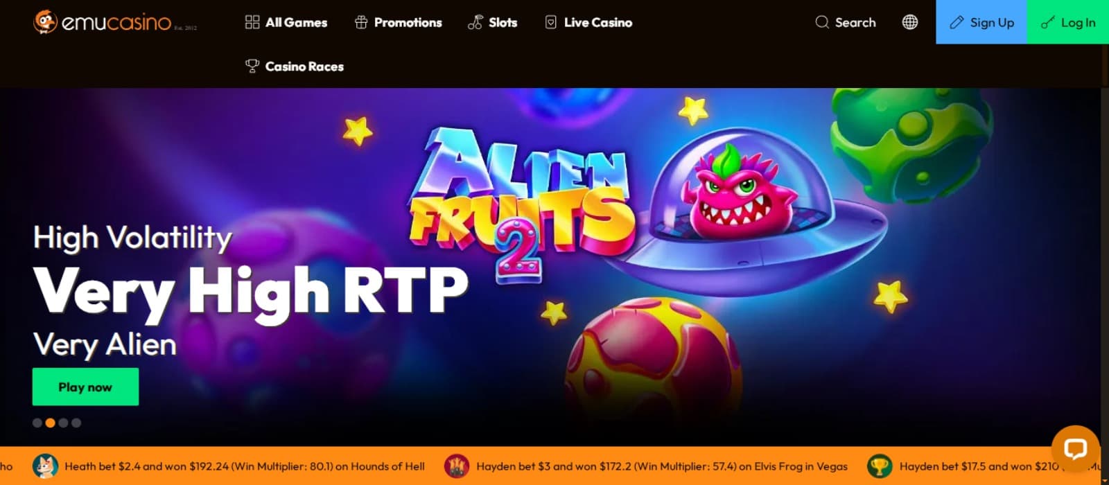 EmuCasino Casino landing page with the Alient Fruits 2 Slot game banner,, top navigation menus and casino logo