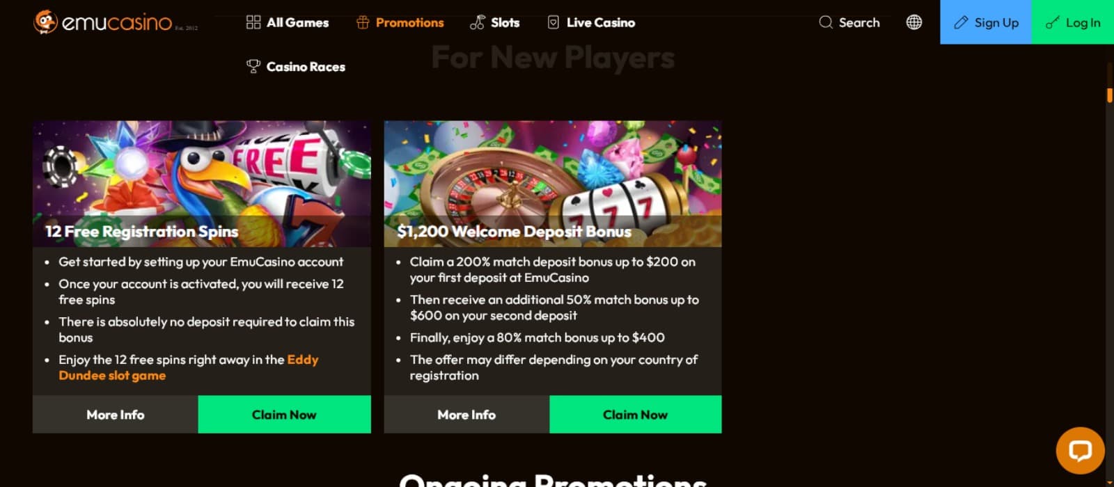 EmuCasino Casino promotions page with the welcome bonus offer banners and top navigation menus