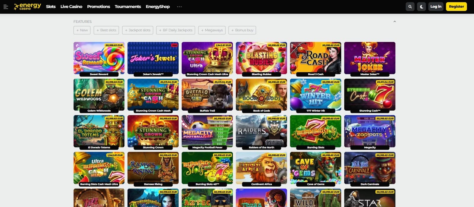 The games page of EnergyCasino presents a rich selection of slot games, such as Sweet Bonanza, Joker’s Jewels, and more.