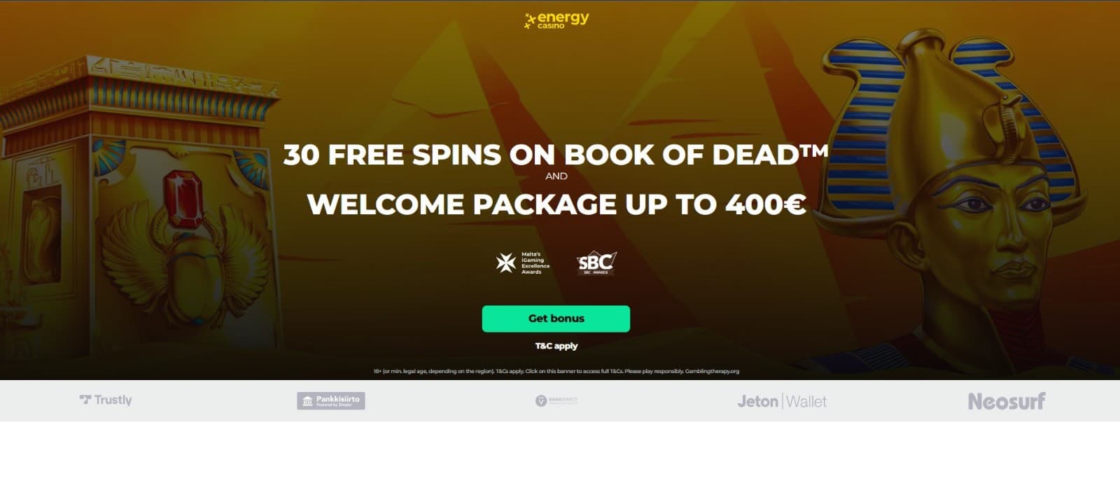 The landing page of EnergyCasino shows the welcome bonus of up to 400 euros.
