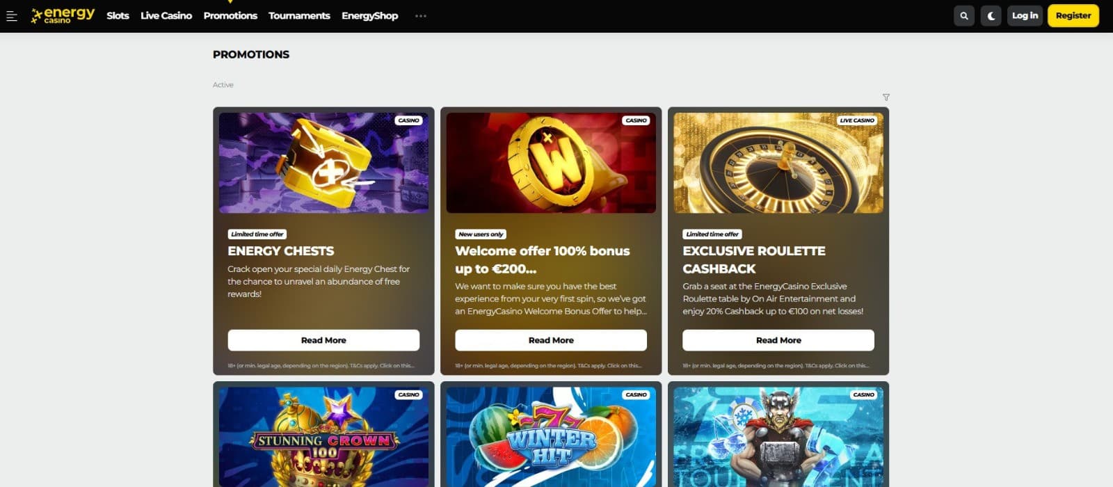 The promotions page of EnergyCasino displays the welcome offer and weekly bonuses.