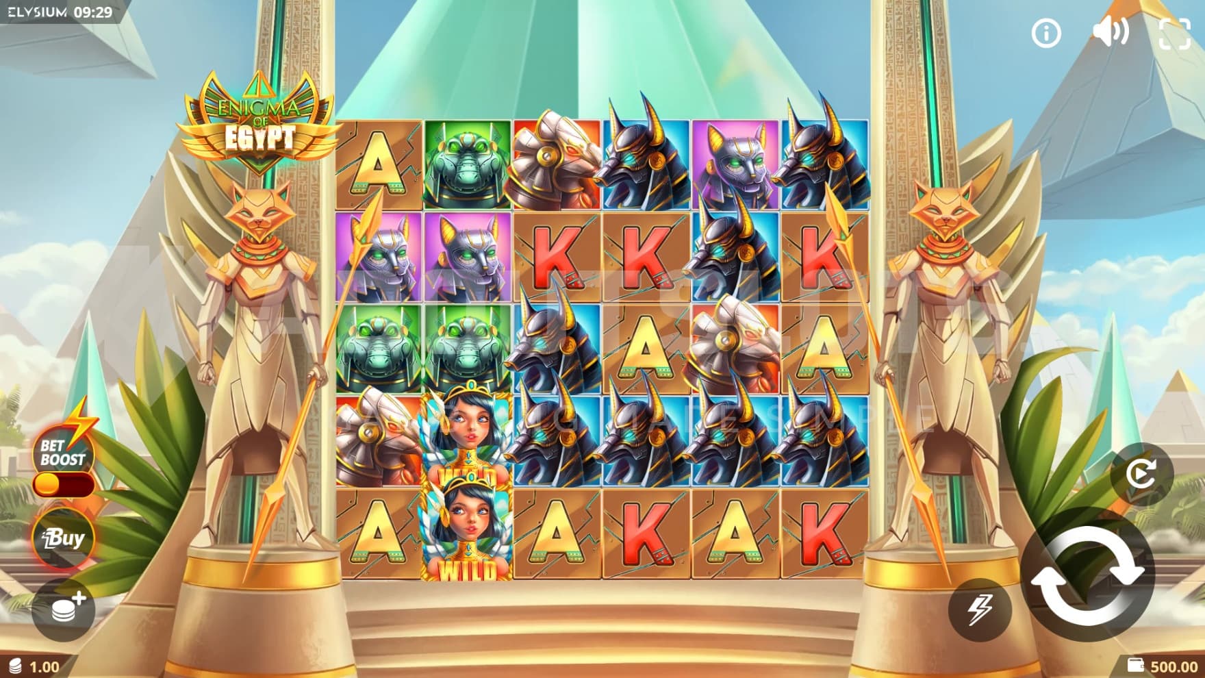 The playing grid is built up between two pillars with cat robots guarding it