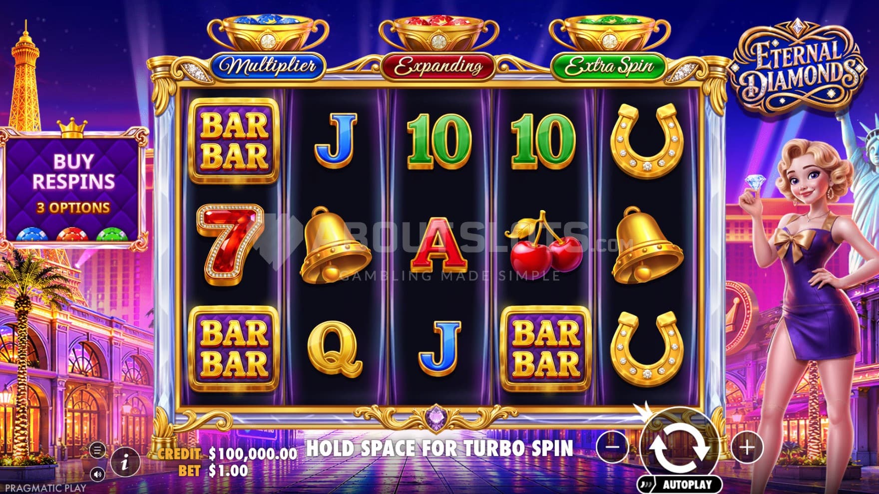 The game is set in the middle of the Vegas strip, with a lady holding a diamond as our host