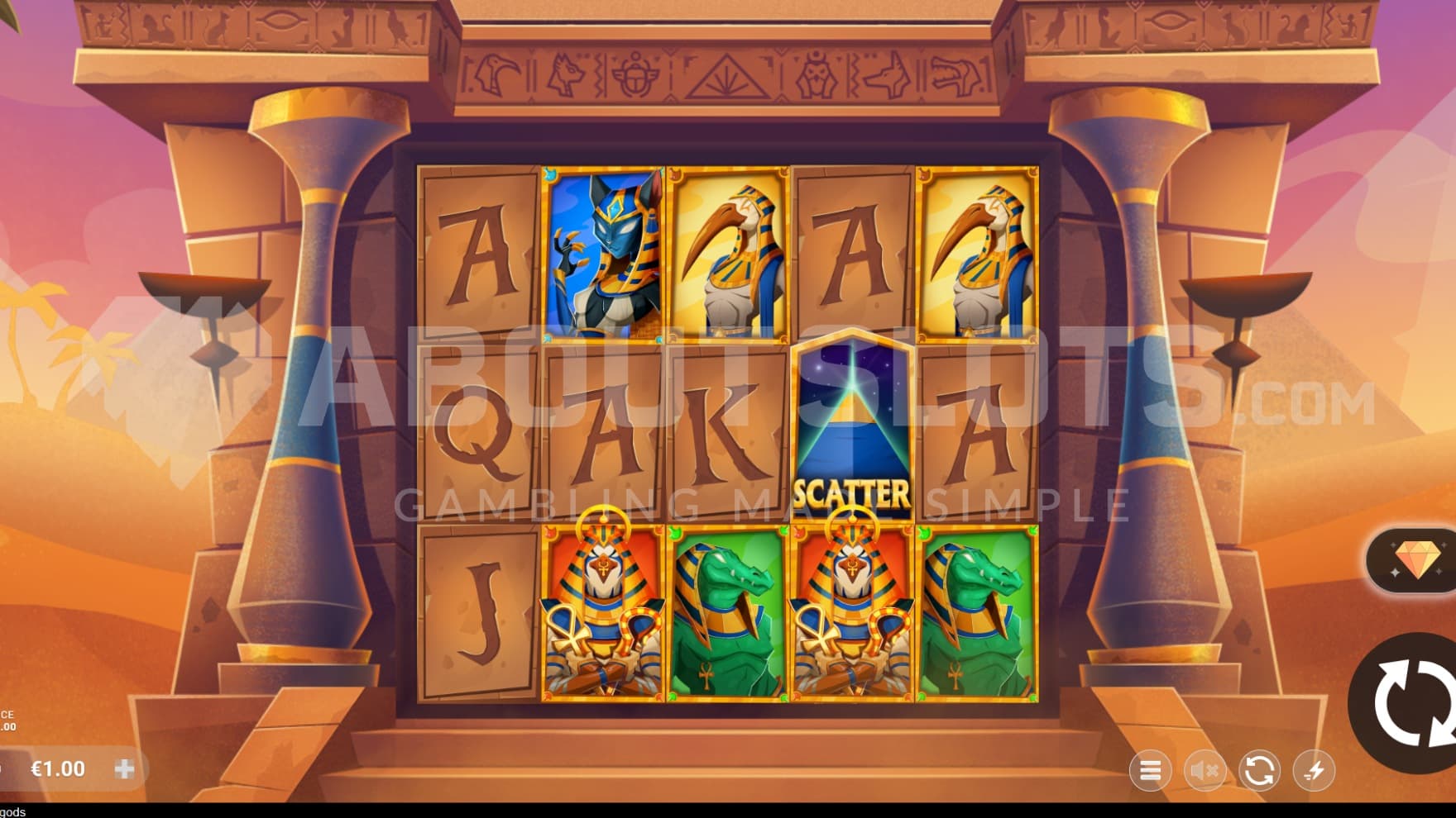 The base game is set out in the desert with many Gods appearing on the reels