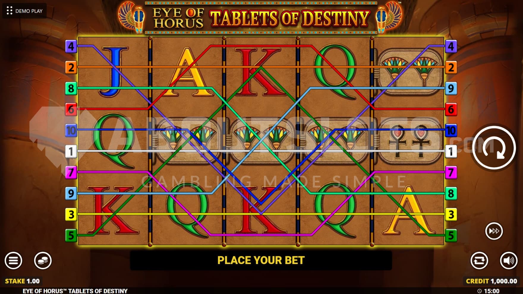 The base game playing grid with paylines lying over the reels