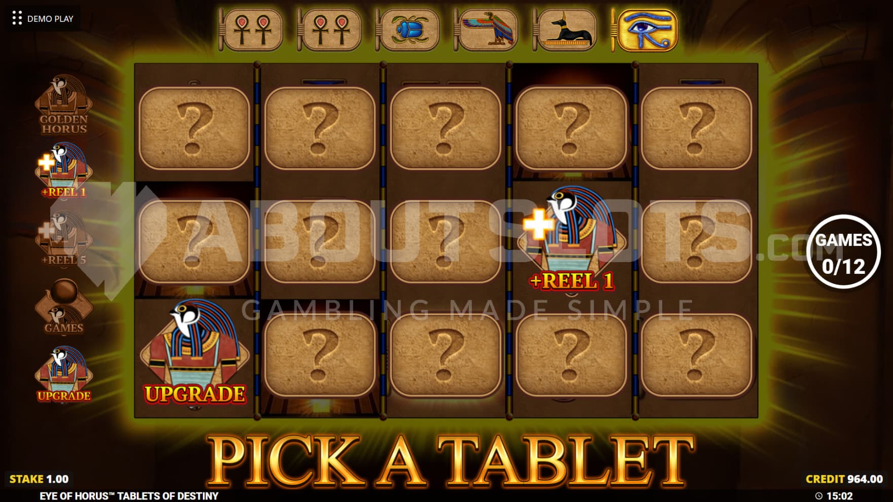The Pick a Tablet feature where you can add bonuses before the Free Spins feature starts