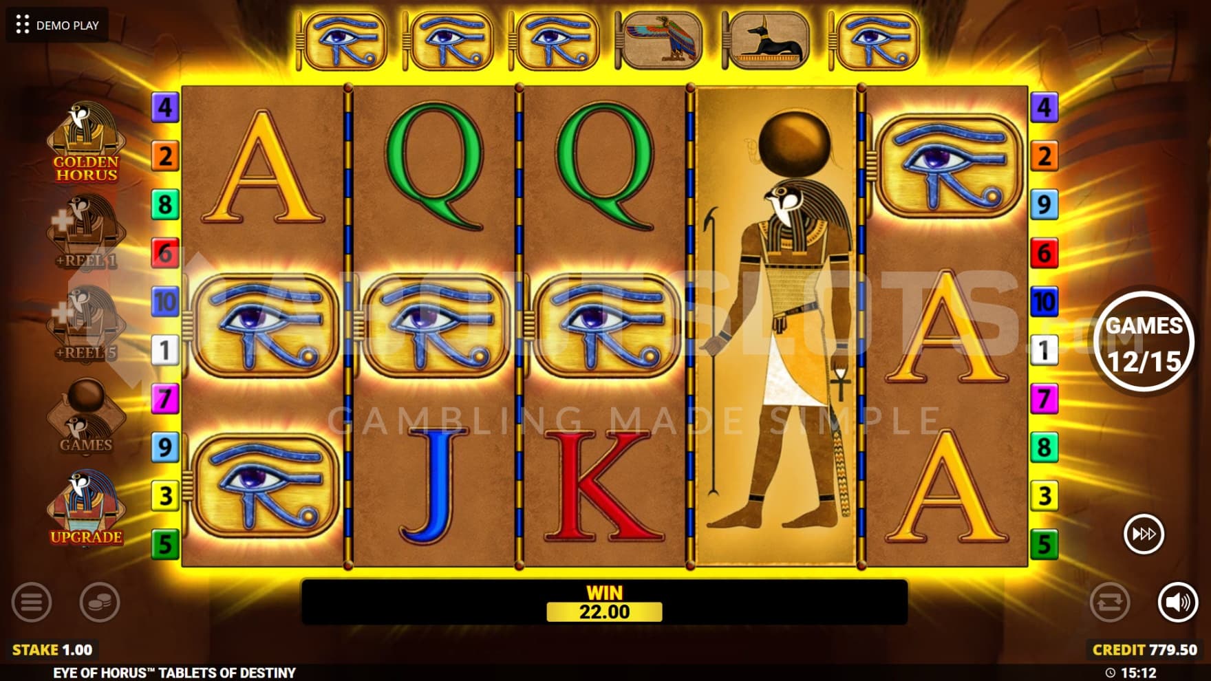 The Free Spins feature with a Golden Horus Wild symbol on the reels, upgrading the other tablet symbols in the process