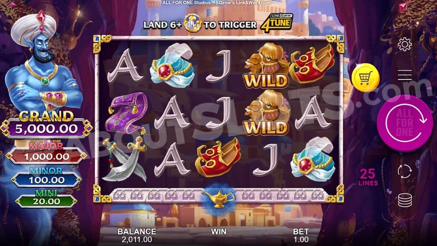 A casino slot with a blue genie next to it.
