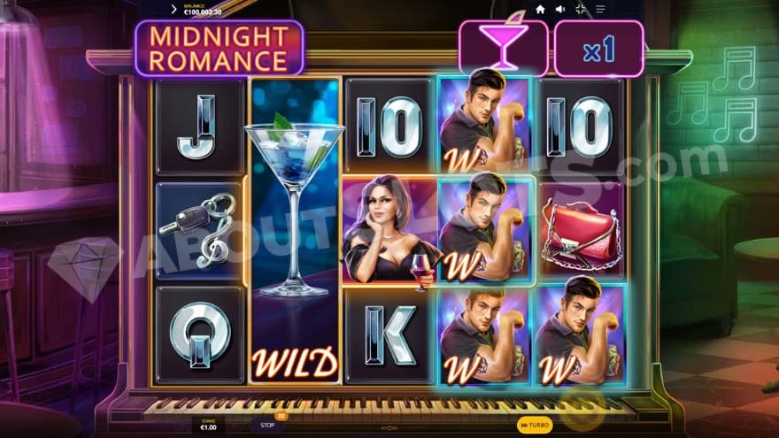 Base game with a bar in the background, lit up by green and purple neon lights.