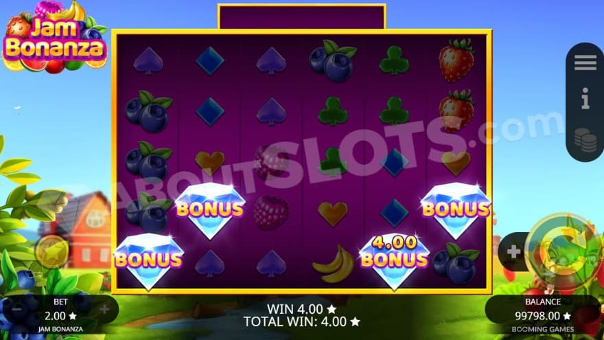 Activation of the free spins feature with four scatter symbols on the reels.