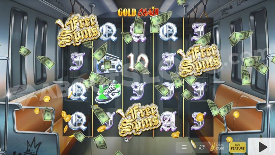 Three Scatter Symbols on the first, third, and fifth reels trigger the Free Spins.