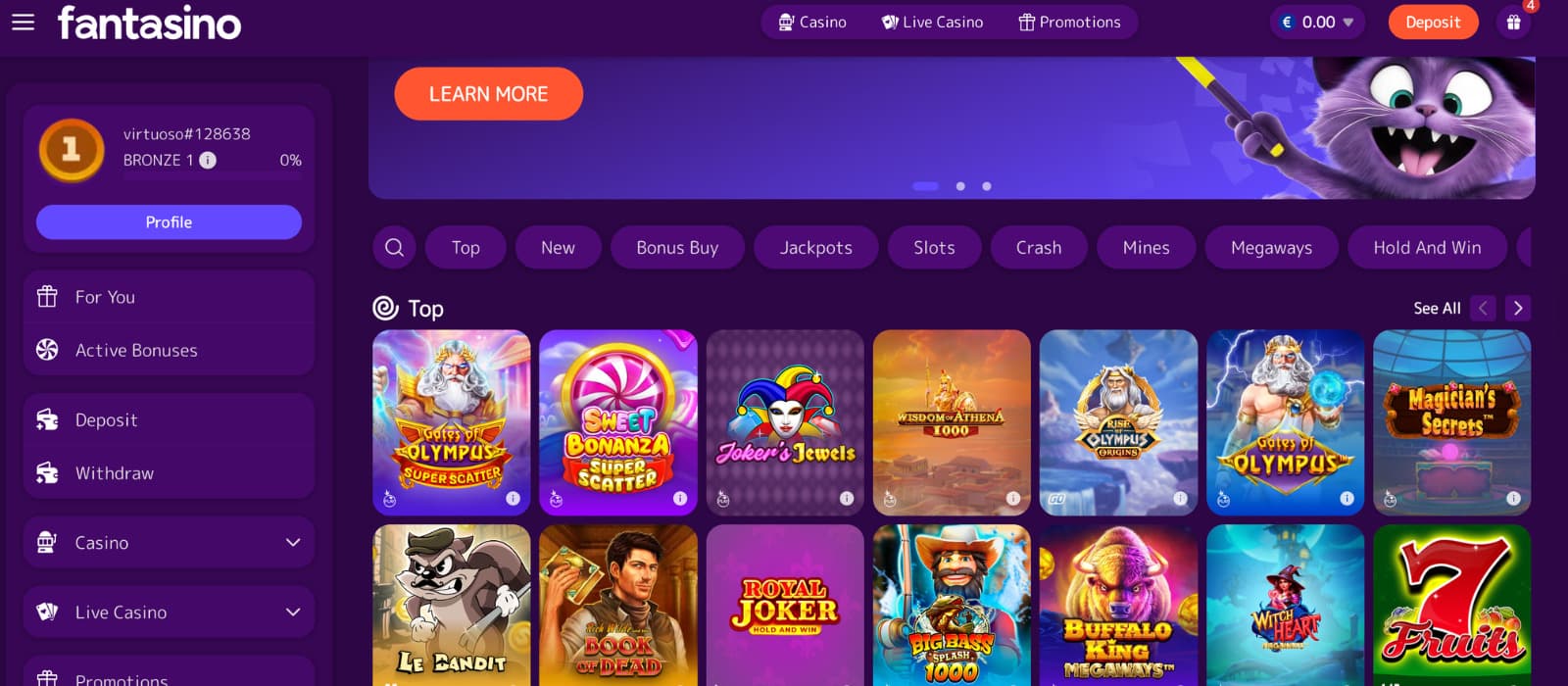 Fantasino casino homepage showing purple-themed layout, navigation menu, and welcome bonus banner with €2,000 and 200 free spins