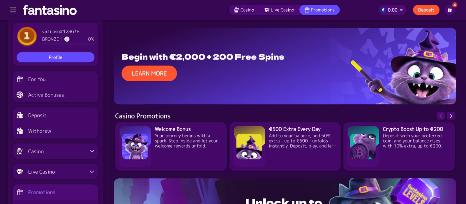 Fantasino promotions page displaying welcome bonus, daily deposit offers, and crypto boost promotion cards