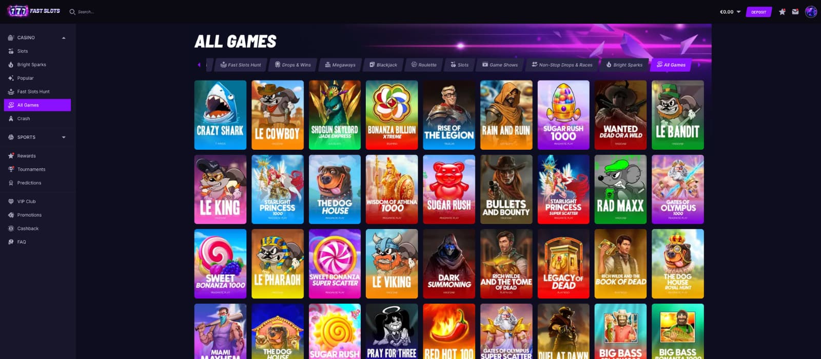 FastSlots Casino games page highlighting the all-games section with slot categories, search navigation, and a large selection of featured slot titles including Sugar Rush 1000, Gates of Olympus, Le Bandit, and Wanted Dead or a Wild.