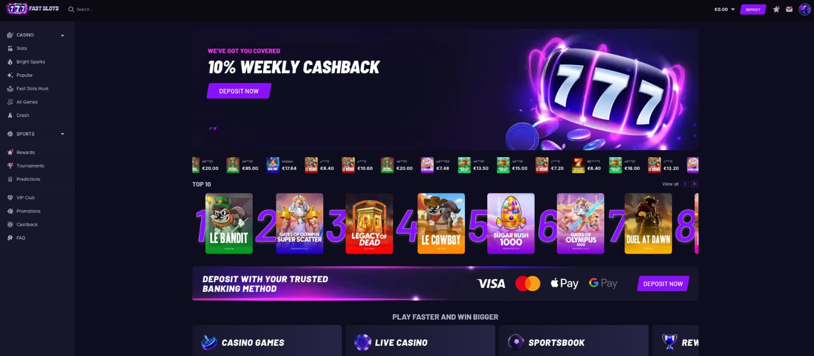 FastSlots Casino landing page showing a dark-themed casino homepage with weekly cashback promotion banners, featured slot rankings, payment method highlights, and navigation links for casino, sportsbook, rewards, and promotions.