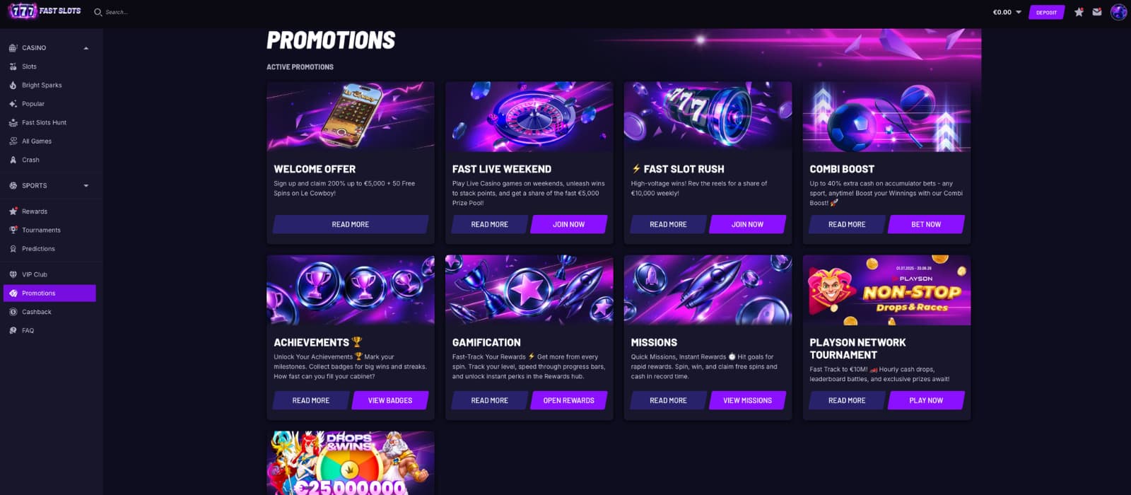 FastSlots Casino promotions page displaying active promotions including the welcome offer, Fast Live Weekend, Fast Slot Rush, Combi Boost, missions, achievements, gamification rewards, and network tournaments.