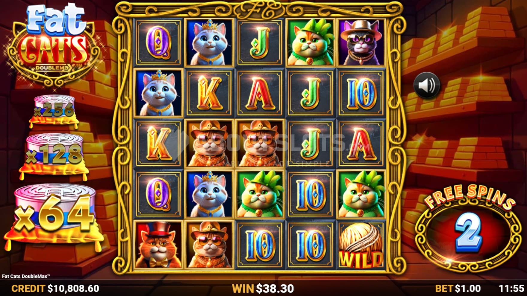 Multipliers stay persistent between spins during the bonus game. Pictured is a bonus game sitting at 64X Multiplier Value