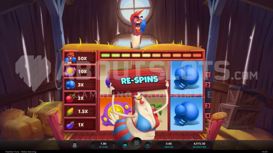 Activation of Multiplier Respins feature with a hen holding a sign showing "RE-SPINS".