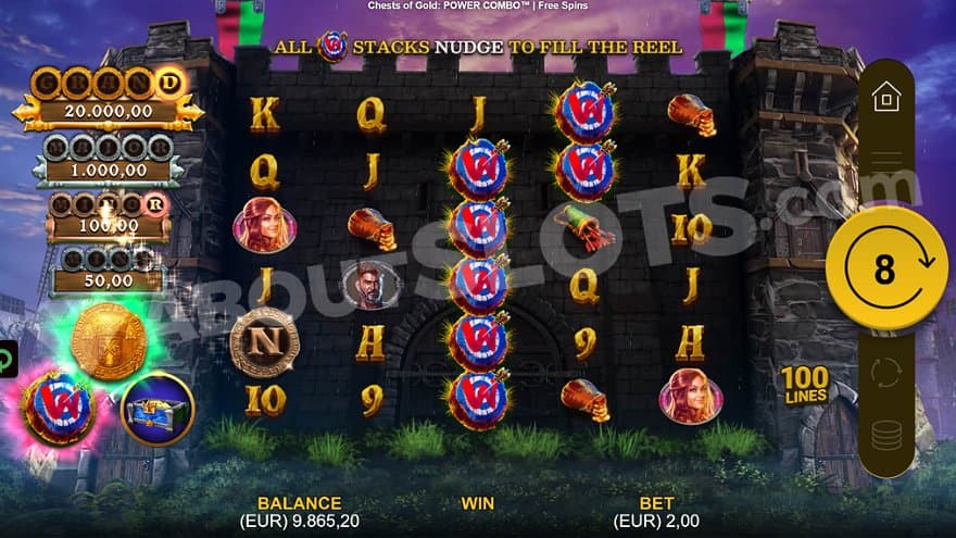 A castle with the transparent reels in front. The reels have been extended 6 rows high.