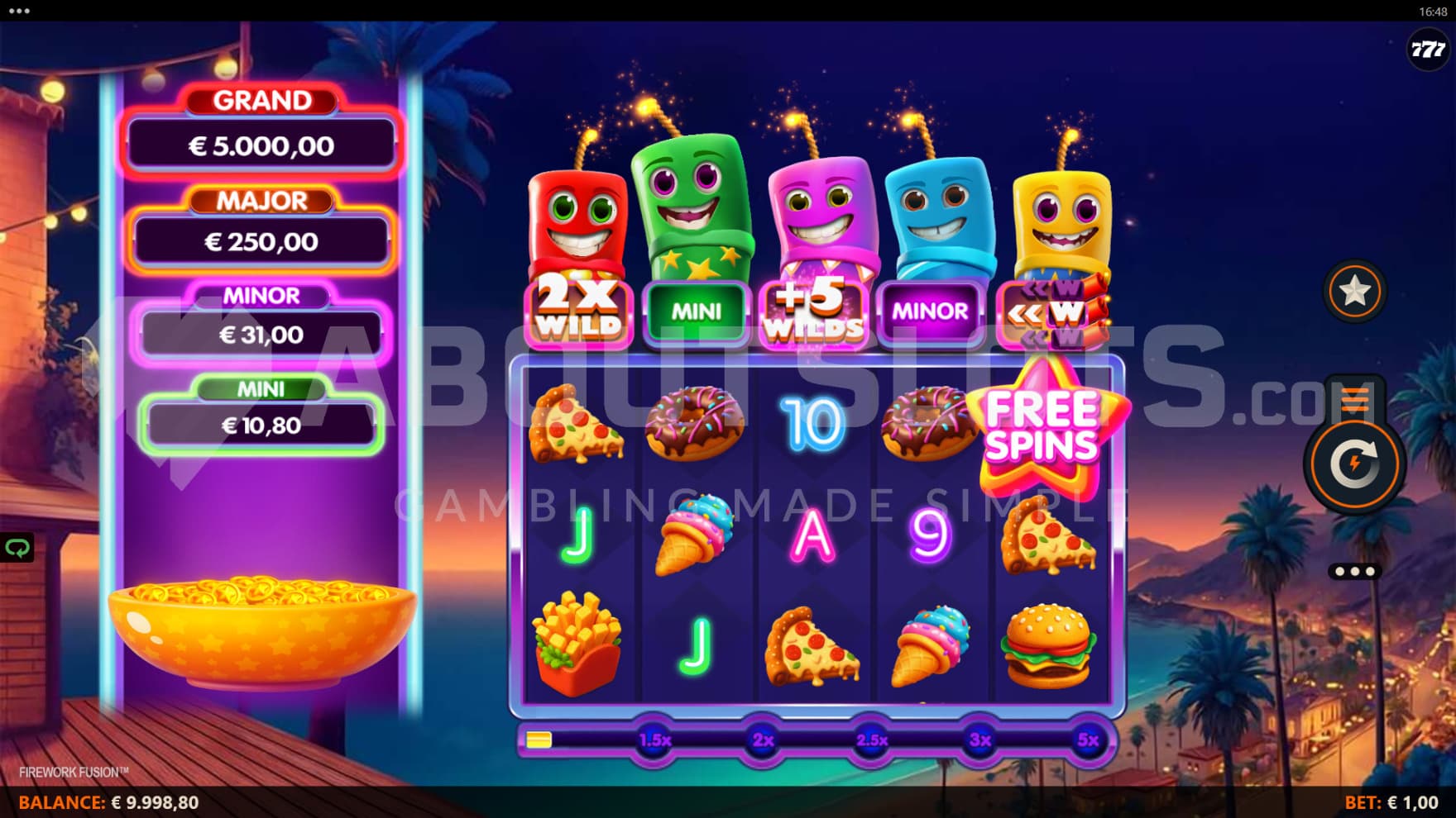 The firework character mascots sit above the playing grid, each with their own distinct Feature Tab