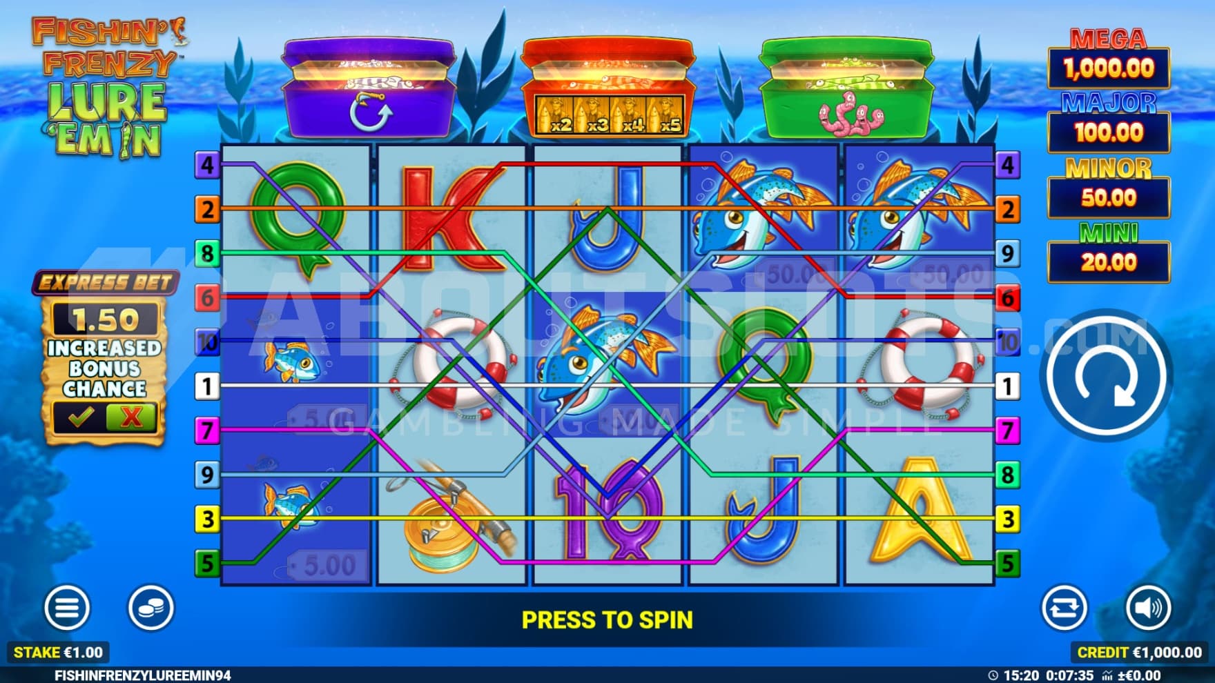 The game is set underwater, with various fishing and ocean items, as well as plenty of fish, crowd the reels