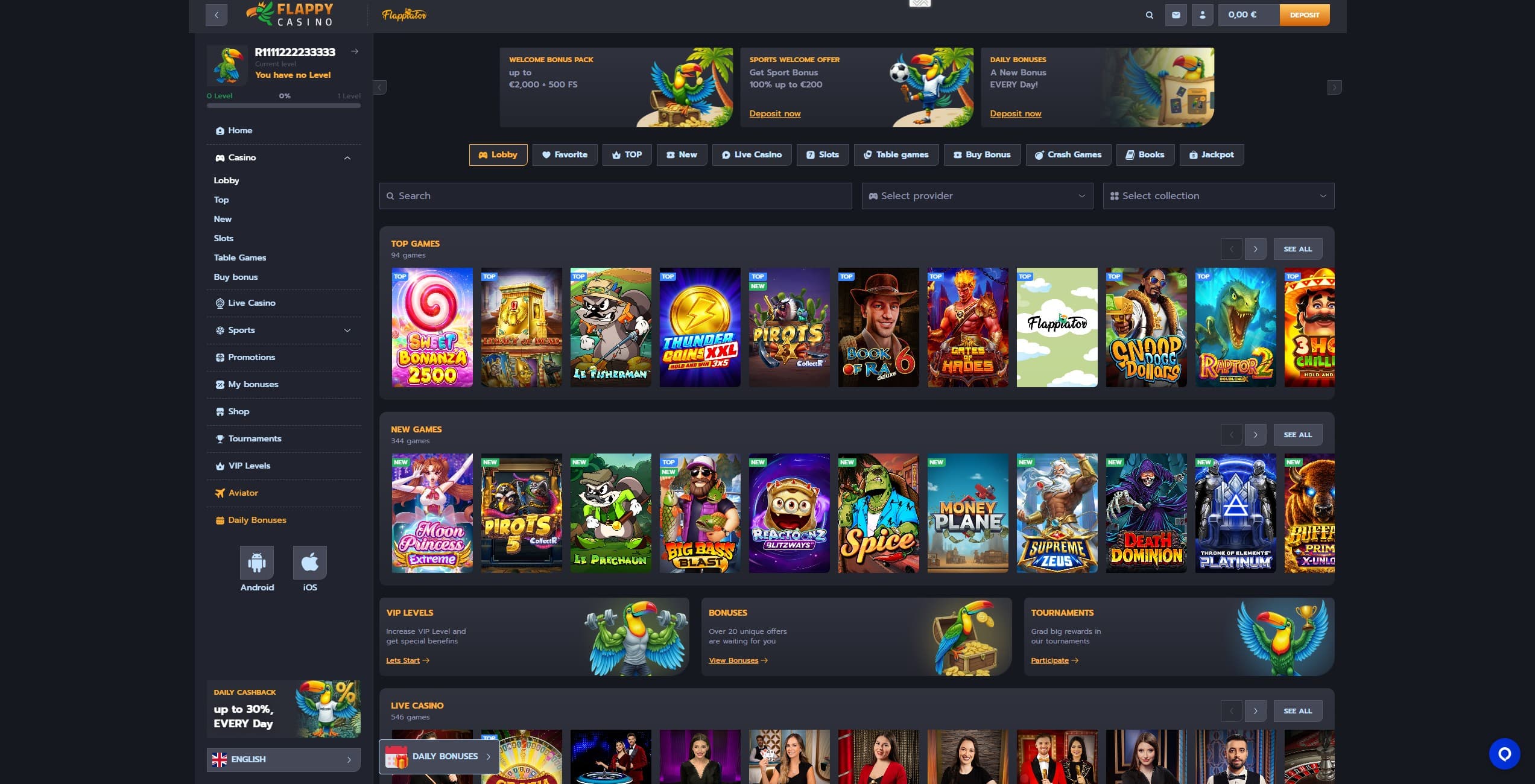 Flappy Casino Games Page showing a selection of slots and game categories