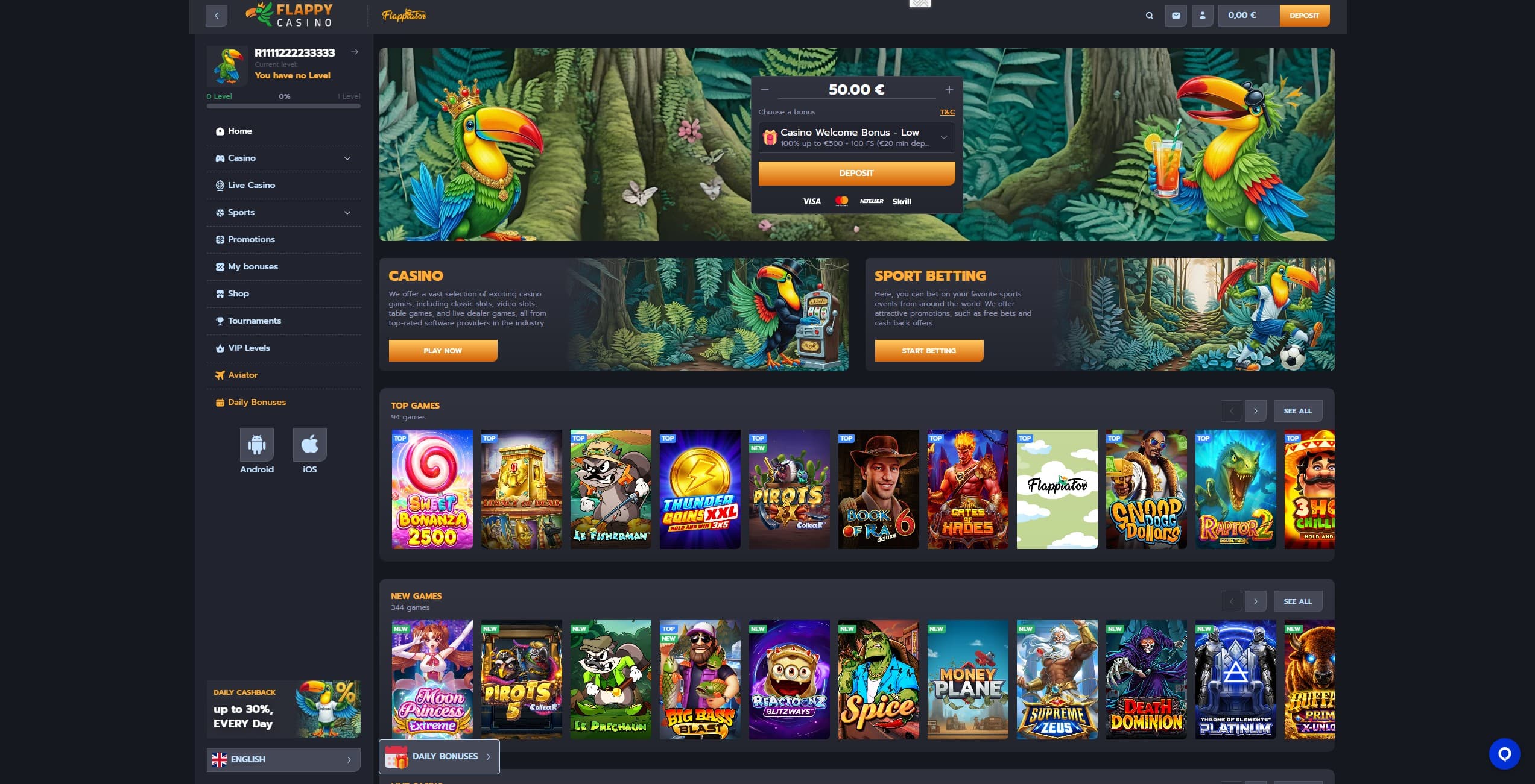 Flappy Casino Landing Page showing a selection of games, the main menu and the cashier