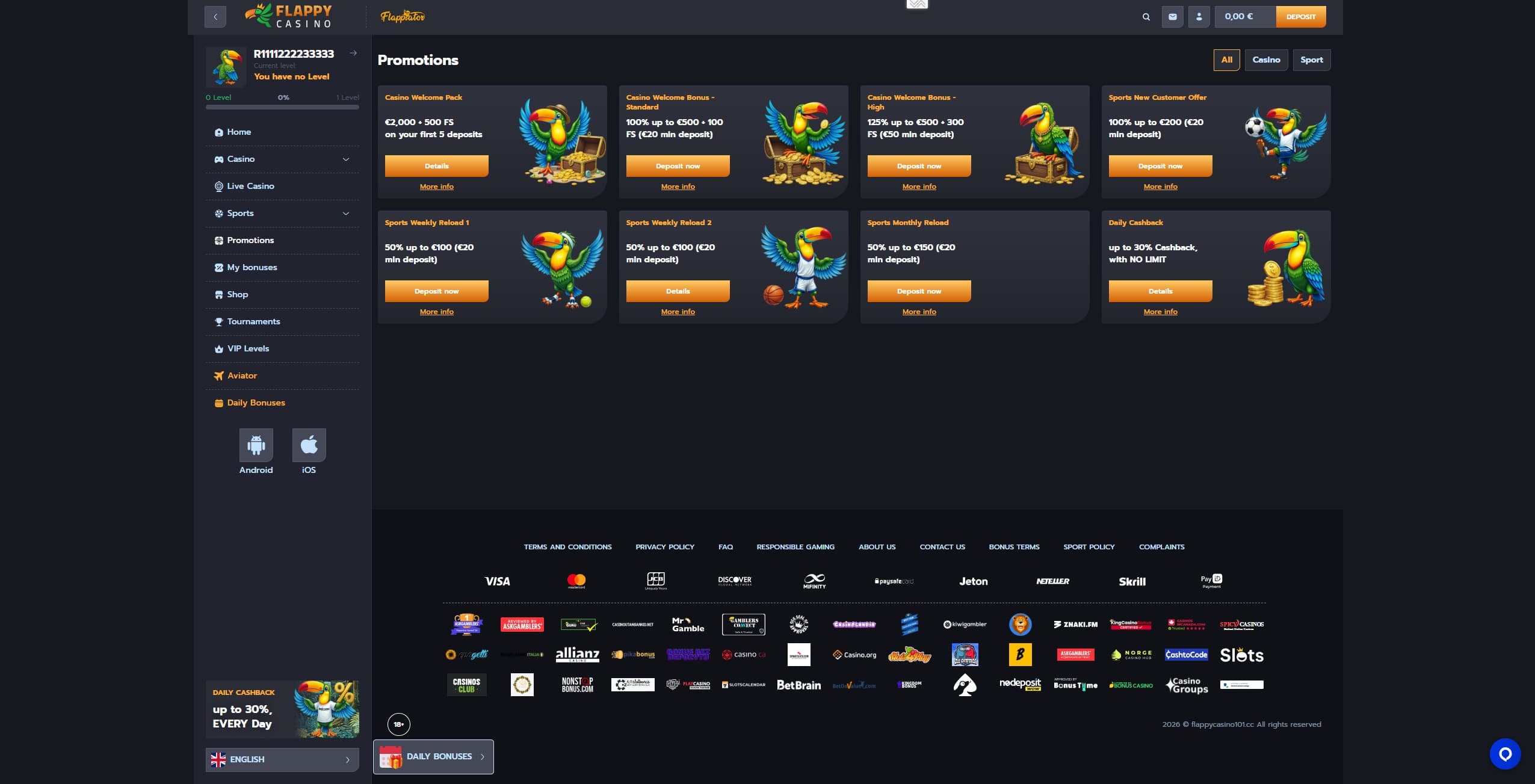Flappy Casino Promotions Page showing the available bonuses and promotions