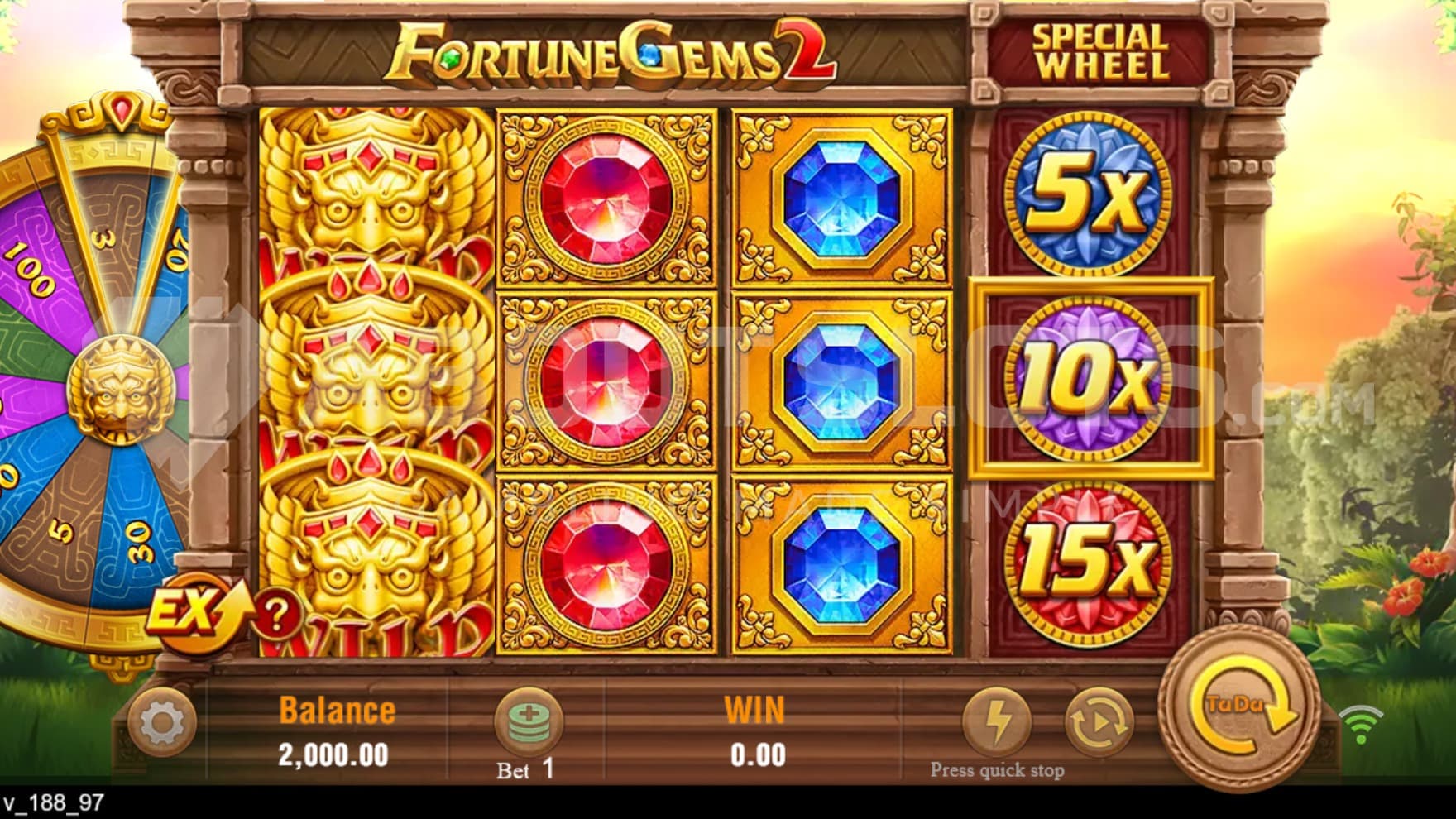 The playing grid is filled with golden symbols and Wilds with the lucky wheel sitting behind the reels to the left