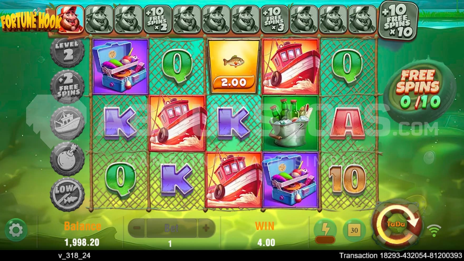 The Free Spins feature offers modifiers and a Level Up system for additional bonuses