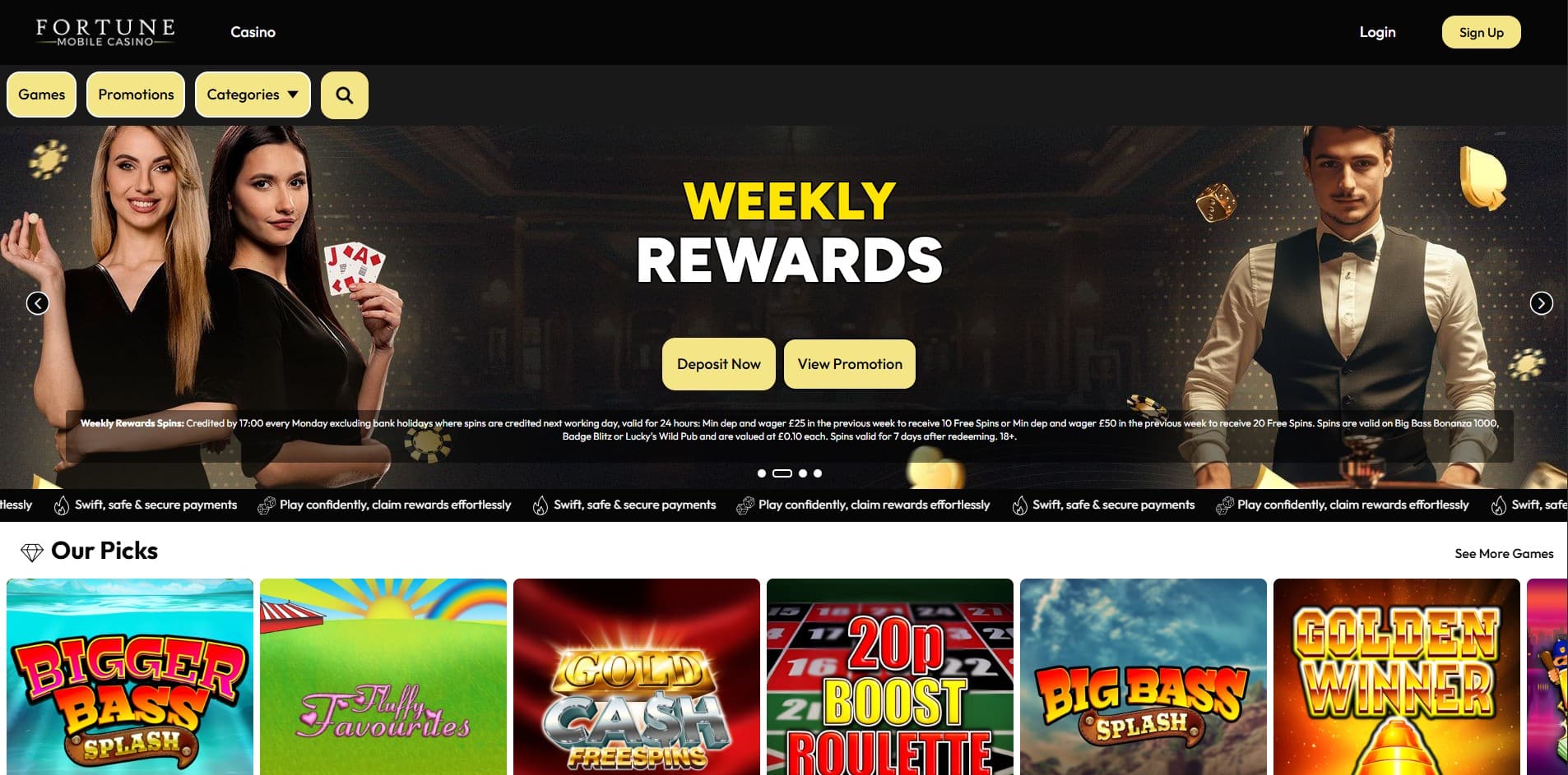 Fortune Mobile Casino Landing Page showing a selection of games and the weekly rewards banner