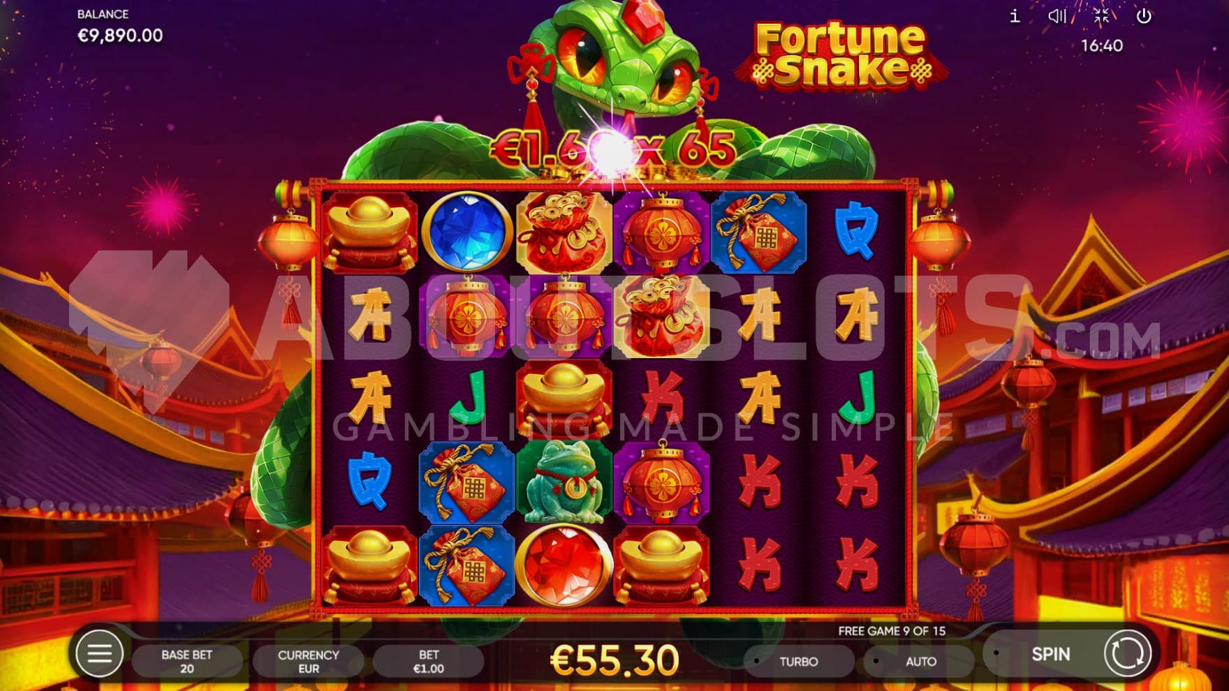 The Free Spins feature is active with a festival going on in the background