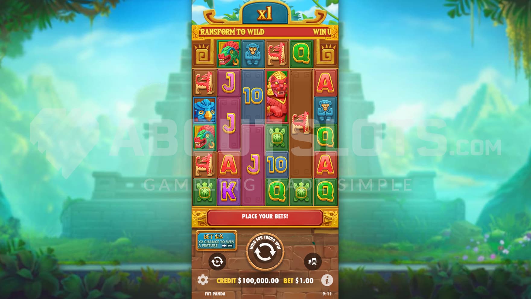 Colorful and vibrant symbols take over the reels that sit infront of an ancient temple